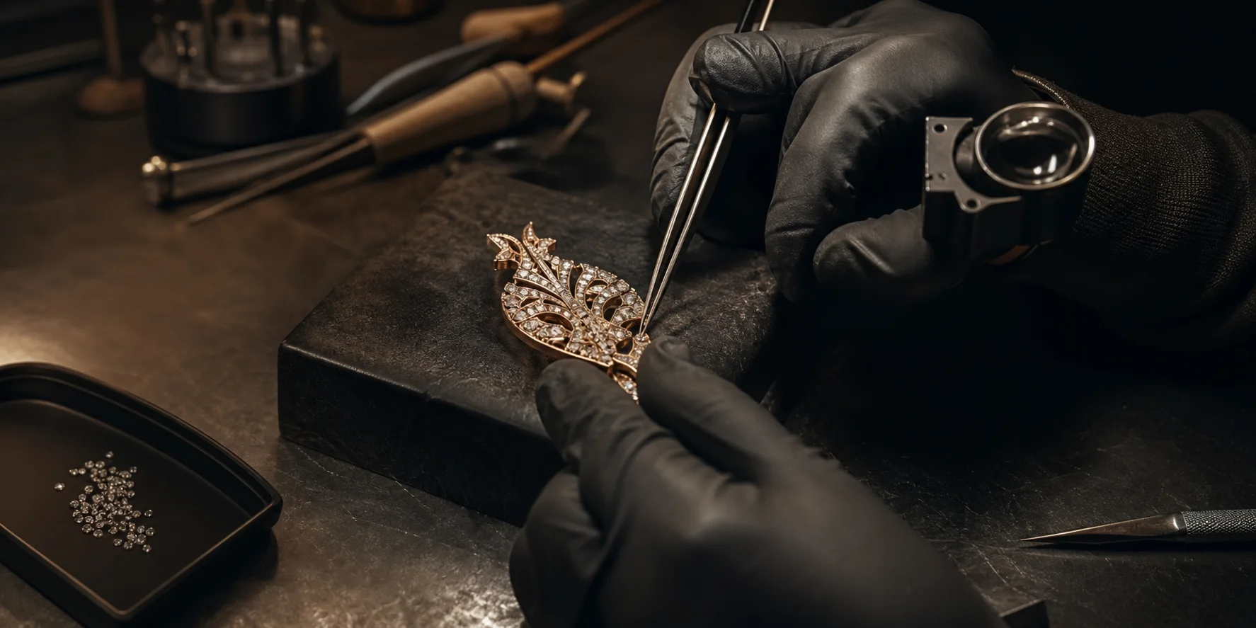AJ & CO jeweller inspecting a diamond piece at the Dubai bench