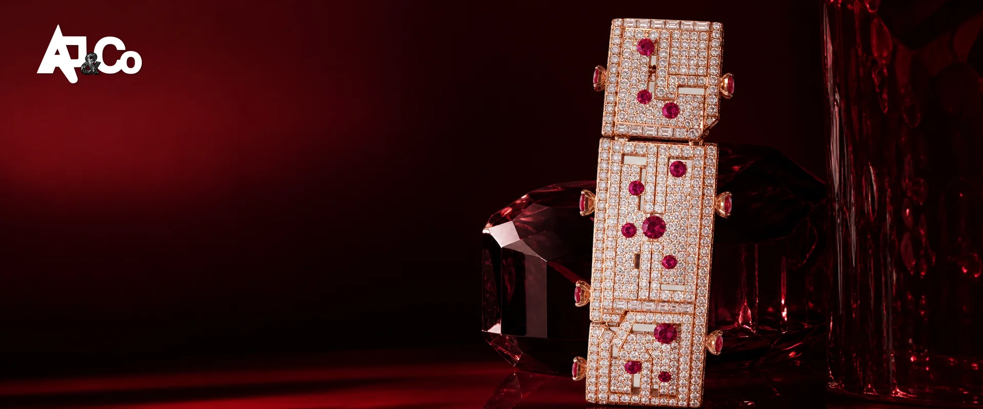 Ruby and diamond statement jewellery on red crystal